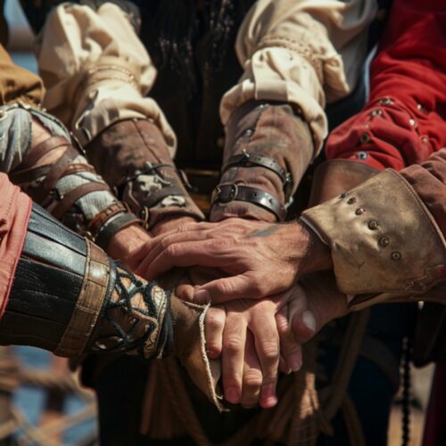 Musketeers draw hands together.